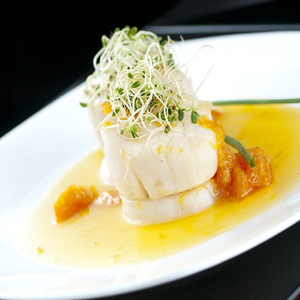"Fresh, gourmet sea scallops on plate."